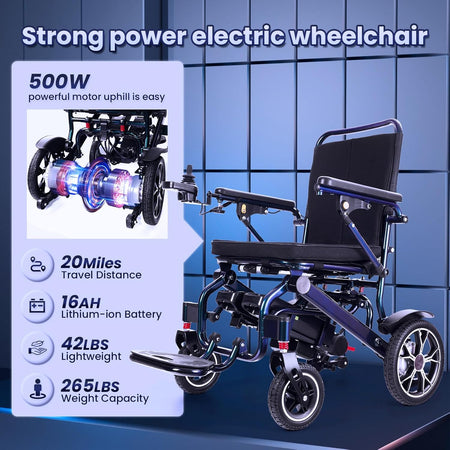 42 lbs Lightweight Electric Wheelchair – Foldable, Bluetooth Remote & Dual Batteries, 500W Power